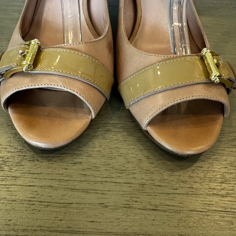 Cole Haan Women 10 B Beige Leather Slingback Peep Toe Kitten Heel Comfort Career